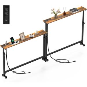 2 Pack Behind Couch Table with Outlet, Light Rustic Brown, 5.9"Wx78.8"L