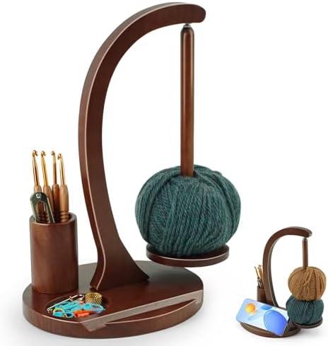 Sewovvmu Crochet Yarn Holder, Yarn Spinner for Crocheting with Phone Stand & Crochet Accessories Storage, Crochet Gift for Knitting Lovers (Brown)