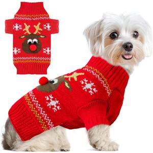 Dog Ugly Christmas Sweater Red Elk Xmas Dog Cat Outfit New Year Holiday Costumes Puppy Cat Sweater with Leash Hole for Small Dogs Girl Boy Turtleneck Winter Warm Pet Clothes