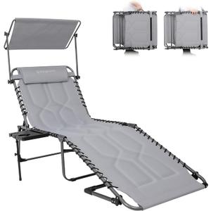 KingCamp Oversized Tanning Chair, Extra-Wide Padded Folding Chase Lounge Chairs Adjustable 5-Position 400lbs Heavy Duty Lounger with Double-Layer Oxford Canopy Shade for Outdoor Beach Patio Sun Pool