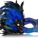 MYSEUNI 2025 New Blue and Black Masquerade Mask for Women with Feathers - Womens Mascarade Venetian Mask for Masquerade Party, Mardi Gras, Halloween Cosplay Prom, Christmas