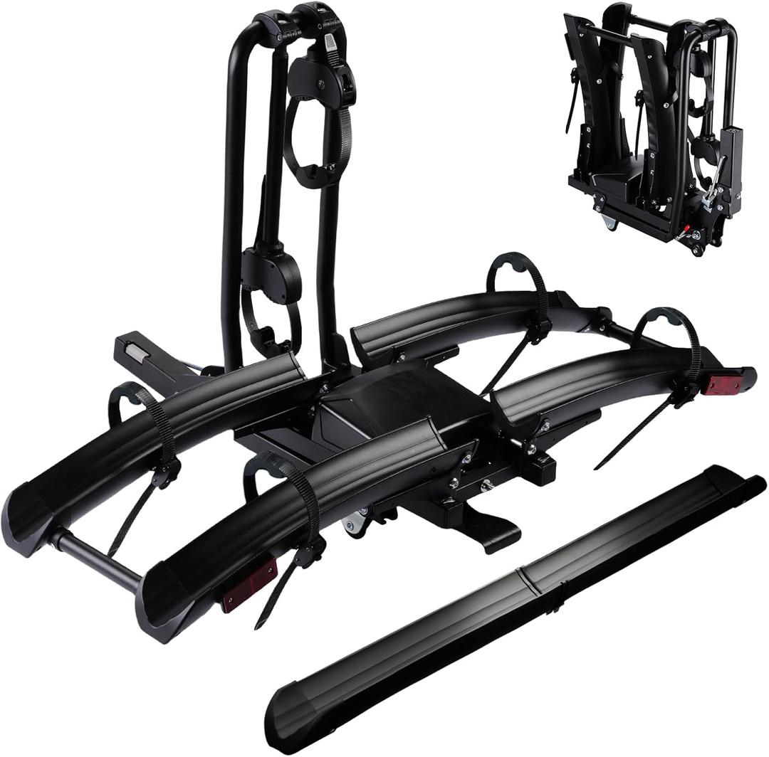 Foldable Electric Bike Rack Hitch Mount with Ramp for 2" Receiver, 2 Bike Rack for Car, Up to 4 Fat Tire, 136 lbs Capacity, with Locks, Tiltable, Wheels for Easy Transport