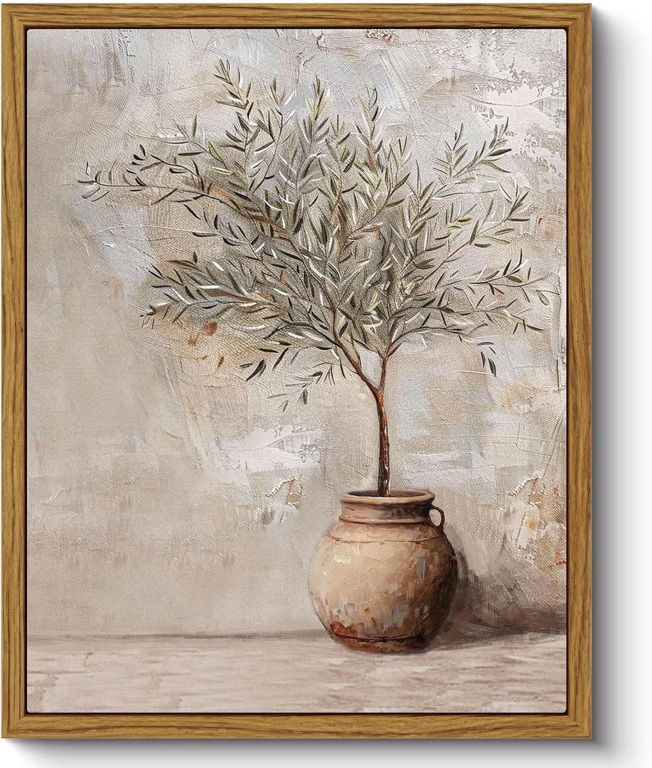 ARPEOTCY Vintage Framed Botanical Wall Art, Bedroom Bathroom Rustic Farmhouse Art Decor, Olive Tree in Vessel Canvas Print Retro Paintings, Home Neutral Antique Decor, 8x10 Inch