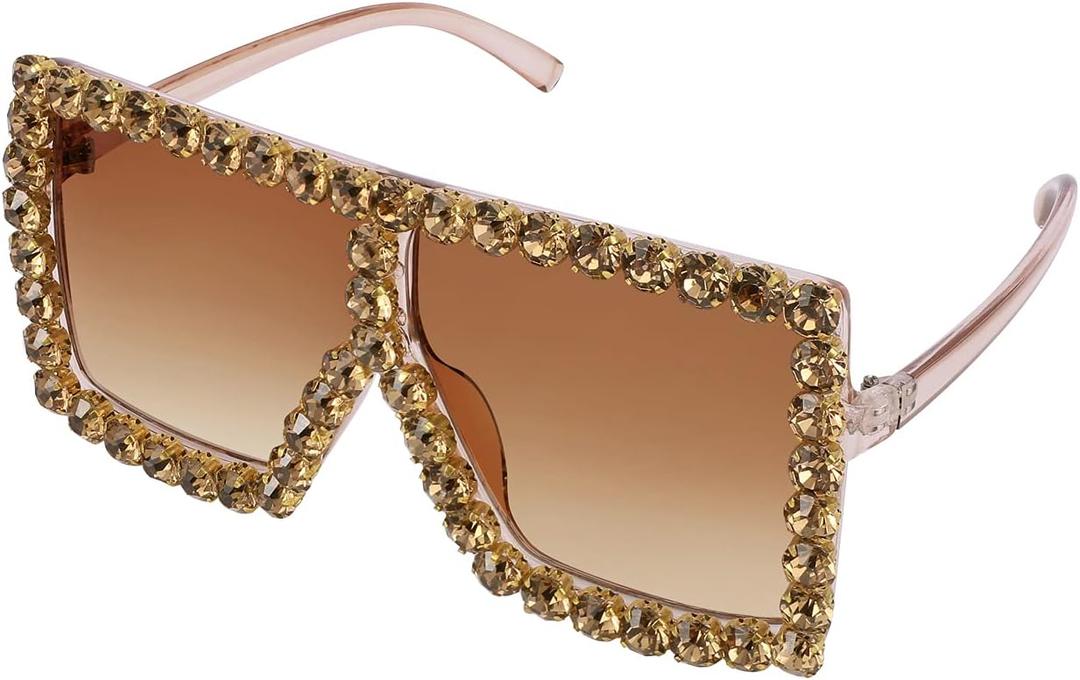 FEISEDY Oversized Sparkling Crystal Sunglasses Disco Diamond Flat Top Fashion Square Large Shades B2782