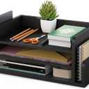Ballucci 3-Tier Desk Organizer with 2 Side Mail Sorter Slots, Wood Letter Tray, Open Top Paper Organizer, Desktop File Organizer, Black (16.5" x 9.5" x 6.5")