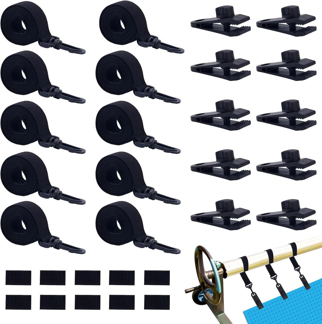 BOXOB 18pcs Pool Solar Cover Reel Attachment Kit, Includes 6 Solar Reel Blanket Straps with Hooks, 6 Swimming Pool Cover Clips & 6 Touch Fasteners Universal Accessories