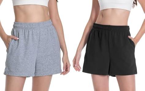 Auriviz Women's Sweat Shorts Comfy Lounge Running Shorts Gym Summer Casual High Waisted Athletic Shorts with Pockets 2Pcs (Black Gray, Large)