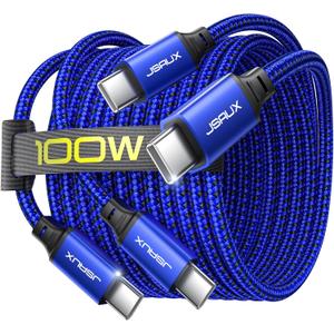 JSAUX 100W USB C to USB C Cable [2-Pack 10FT], Type C Fast Charging Cord for iPhone Air/iPhone 17/iPhone 17 Pro/iPhone 17 Pro Max, iPhone 16/15 Series, Galaxy S/Note Series, MacBook, iPad - Blue