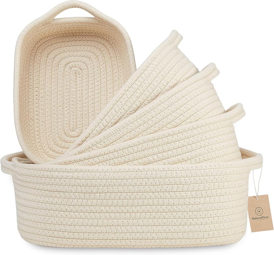 NaturalCozy 5-Piece Rectangle Storage Basket Set- Natural Cotton Rope Woven Baskets for Organizing! Small Basket for Montessori, Baby Nursery, Dog Toy Baskets, Cat Toy Box, Bathroom Organization Bin (Beige)