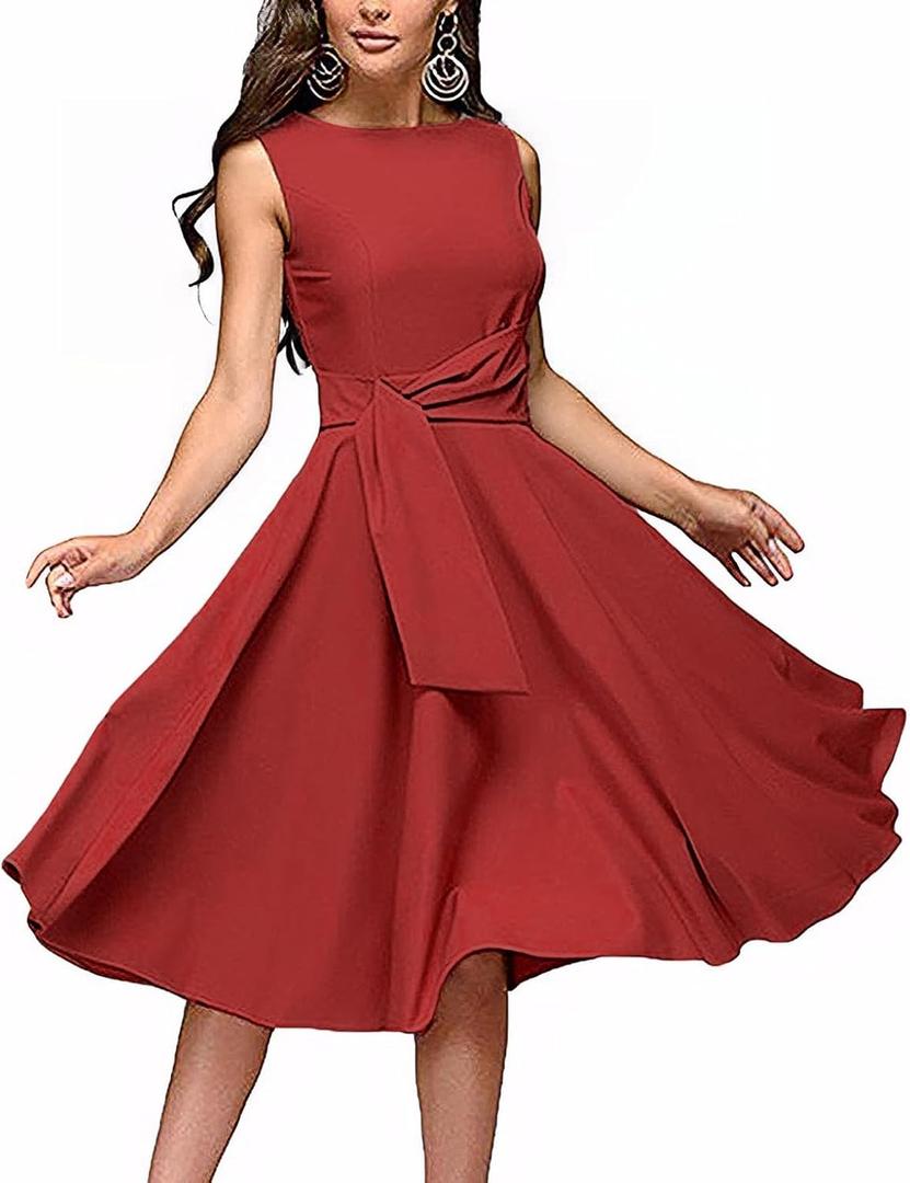FENJAR Women's Elegance Audrey Hepburn Style Ruched Dress Round Neck Sleeveless Swing Midi A-line Dresses (Red, Small)