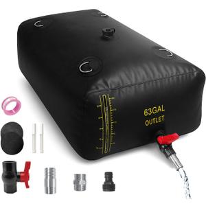 240L/63 Gal Water Bladder with Water Level Indicator, PVC Foldable and Portable Water Tank with 3 Connectors and Overflow Kit, Ideal for RV, Camping, Rainwater Collecting,Planting Watering