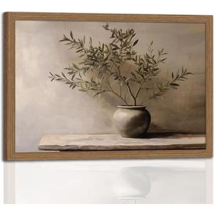 Framed for Living Room Rustic Olive Branch Still Life Wall Art Minimalist Botanical Plant Vase Painting, Rustic Farmhouse Neutral Still Life Print Picture for Living Room Bedroom Office 16x24in