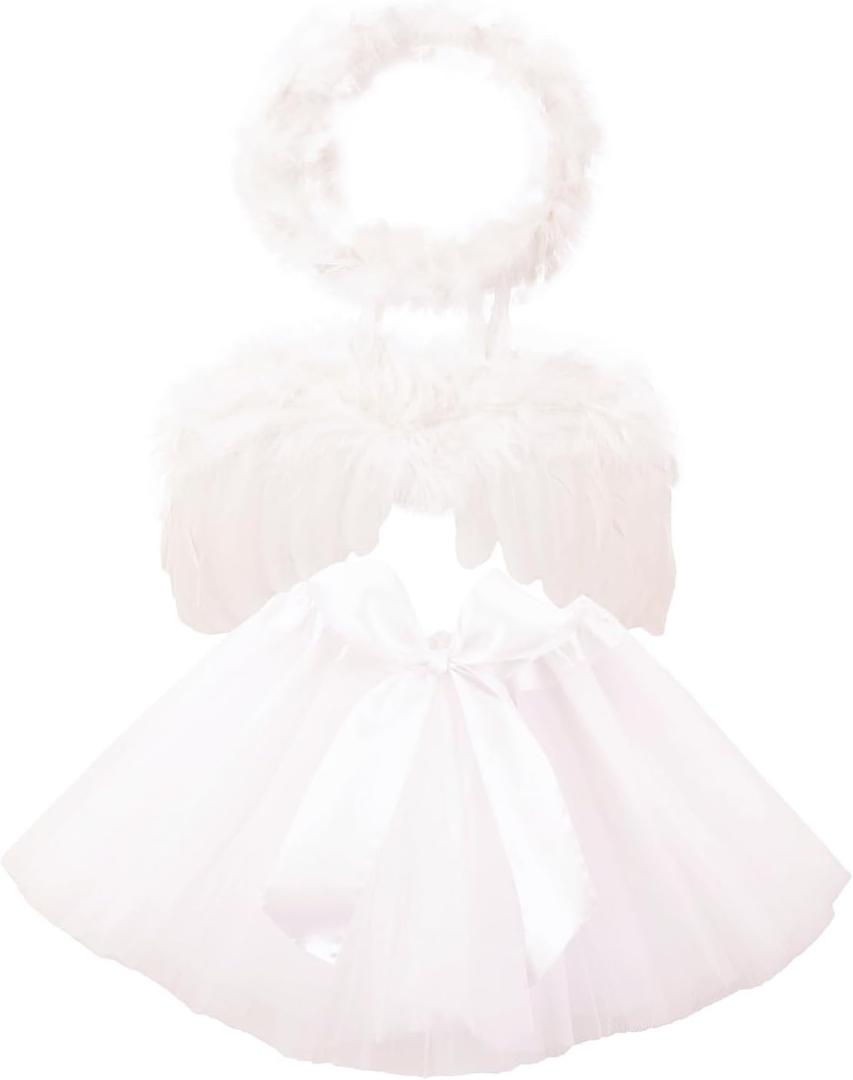 Nishine Baby Tulle Tutu Skirt Dress with Angel Wing Halo Outfit Sets Tutus Cosplay Photo Props (White)