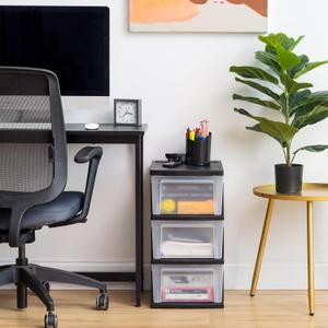 IRIS USA Plastic Drawer Storage Organizer, 3-Drawers, 1-Pack, for Classroom Art Craft Supplies, Bathroom Bedroom, Laundry Room, Black/Clear