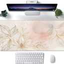 Desk Mat,Minimalist Flowers and Leaves Large Gaming Mouse Pad for Desk XXL,Golden Line Floral Desk Pad,Extended Big Computer Keyboard Mouse Pad with Non-Slip Base Stitched Edges 35.4"x15.7"