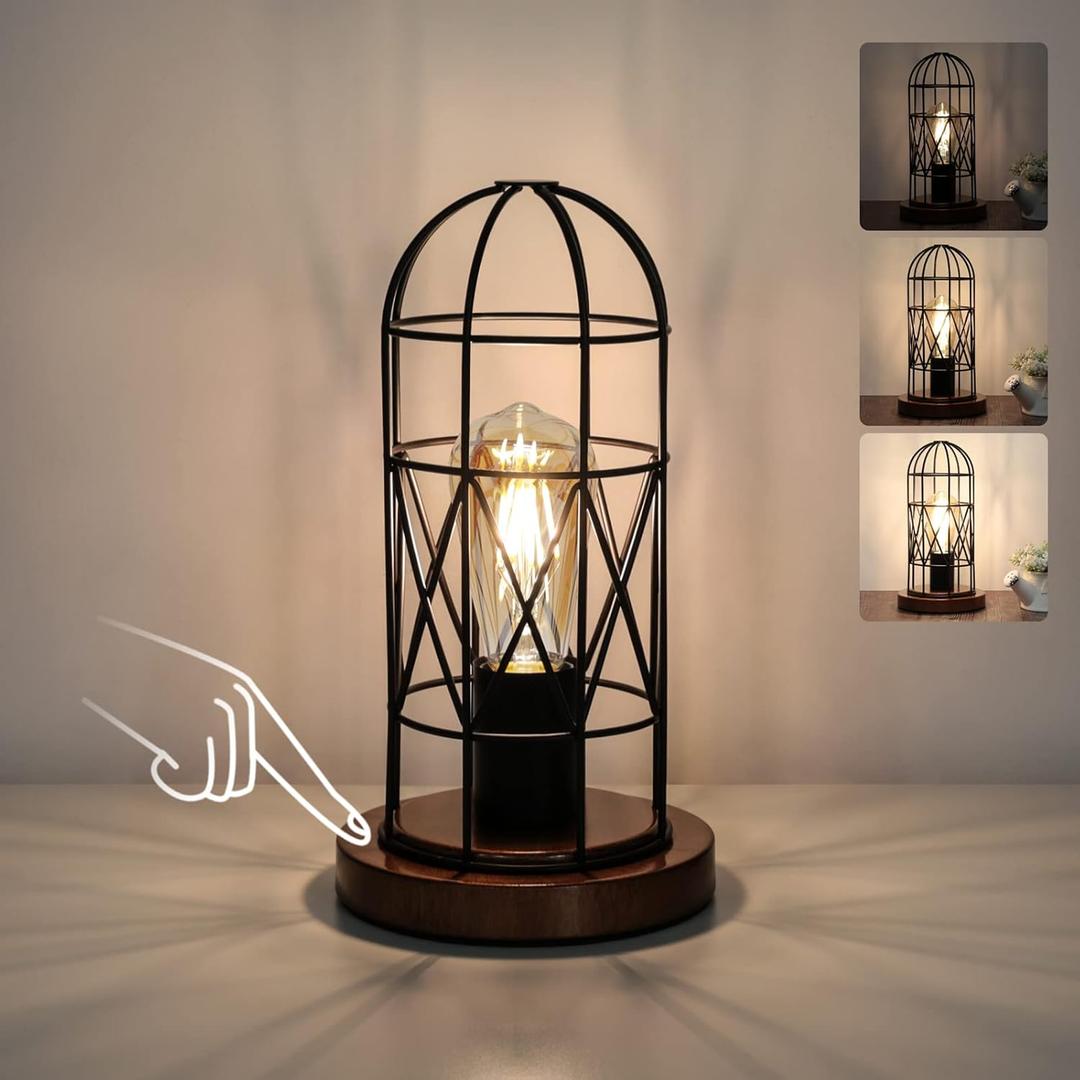Touch Control Table Lamp, Industrial Bedside Lamp with 3 Way Dimmable Small Nightstand Lamp Vintage Metal Cage Table Lamp for Bedroom, Kitchen (Bronze Base with Black Cage)