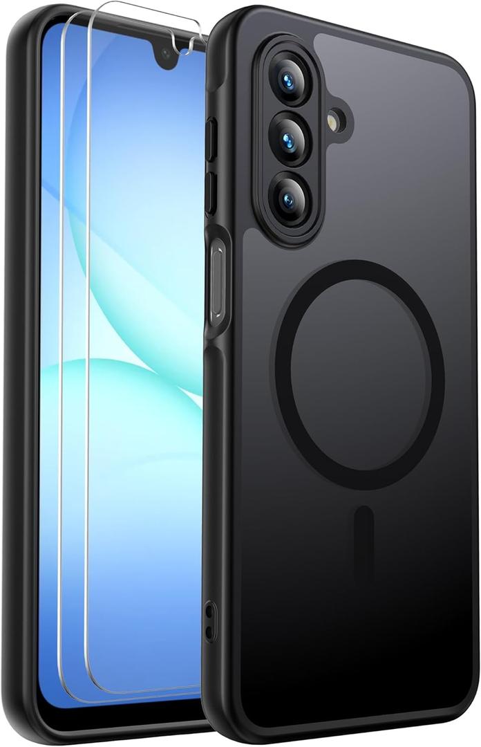 Ezanmull for Samsung Galaxy A17 5G Phone Case Magnetic Shockproof, [Fit for MagSafe] [Glass Screen Protector] Soft-Touch Skin para Frosted Translucent Anti-Fingerprint Cover (Black)