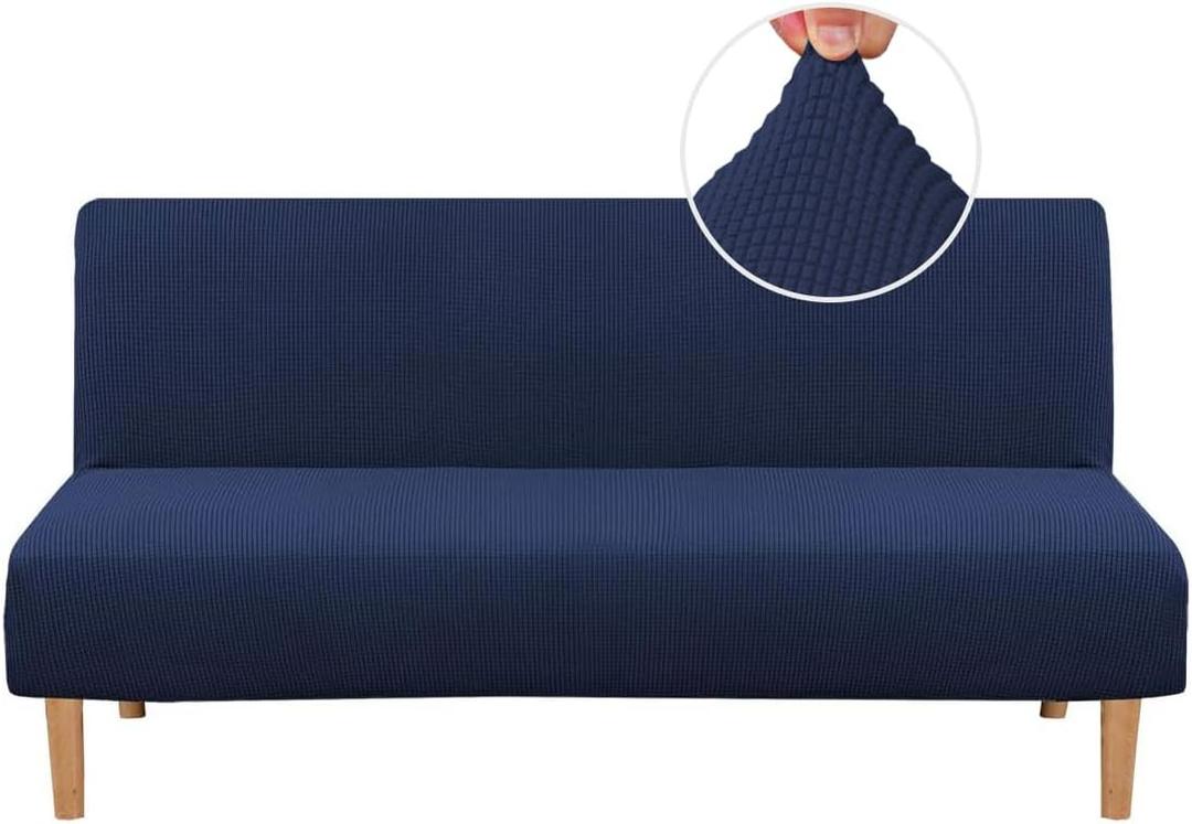 H.VERSAILTEX Armless Futon Cover Stretch Sofa Bed Slipcover Protector Elastic Feature Rich Textured High Spandex Small Checks Jacquard Fabric Futon Cover, Machine Washable, Navy