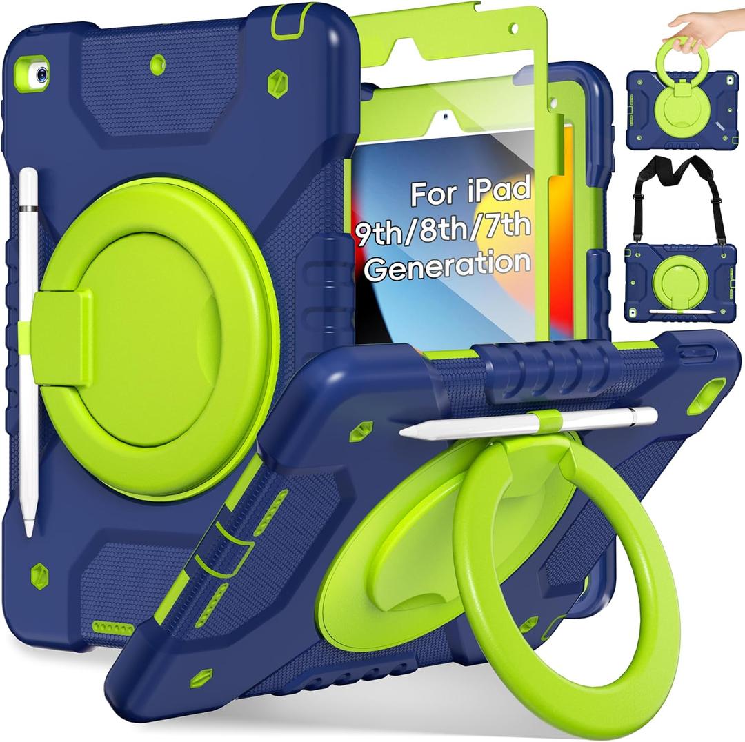 Case for iPad 9th/8th/7th Generation 10.2 inch, Shockproof Cover with Screen Protector/360° Rotating Handle/Bracket/Pen Holder/Shoulder Strap, Kids Case for iPad 2021/2020/2019 (Navy+Green)