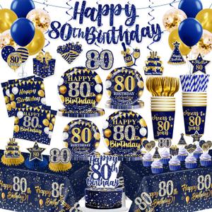 169pcs 80th Birthday Decorations Tableware Set with Plates, Napkins, Cups, and Tablecloth Set, Banner, Hanging Swirls 80th Birthday Decorations for Men, Gold and Blue Cheers to 80 Years for 25 Guests