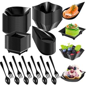 Tessco 200 Pcs Mini Appetizer Plates with Spoons Forks Disposable Mini Dessert Plates Plastic Appetizer Bowls Tiny Individual Serving Trays for Party(Black,Classic)