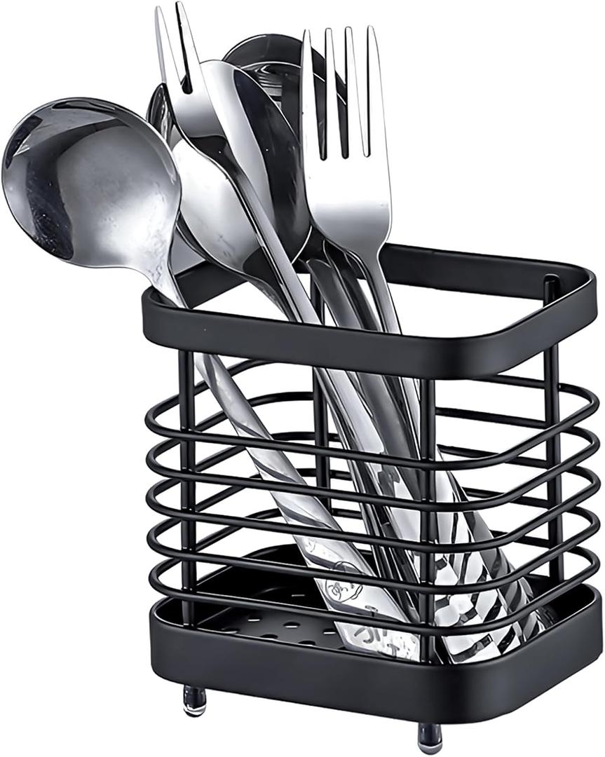 Kitchen Sink Utensil Holder of Drying Rack, Small Stainless Steel Cutlery Drainer Caddy,Spoon and fork organizer (Black)