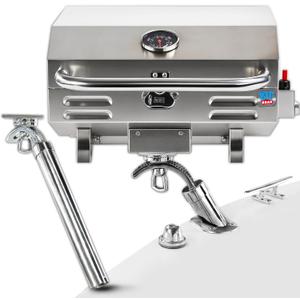 Tailwaves Marine Grill w/Rod Holder Mount | Stainless Steel | Propane BBQ for Boats & Tailgating & Camping | Built in Thermometer | Portable | Fold-away legs