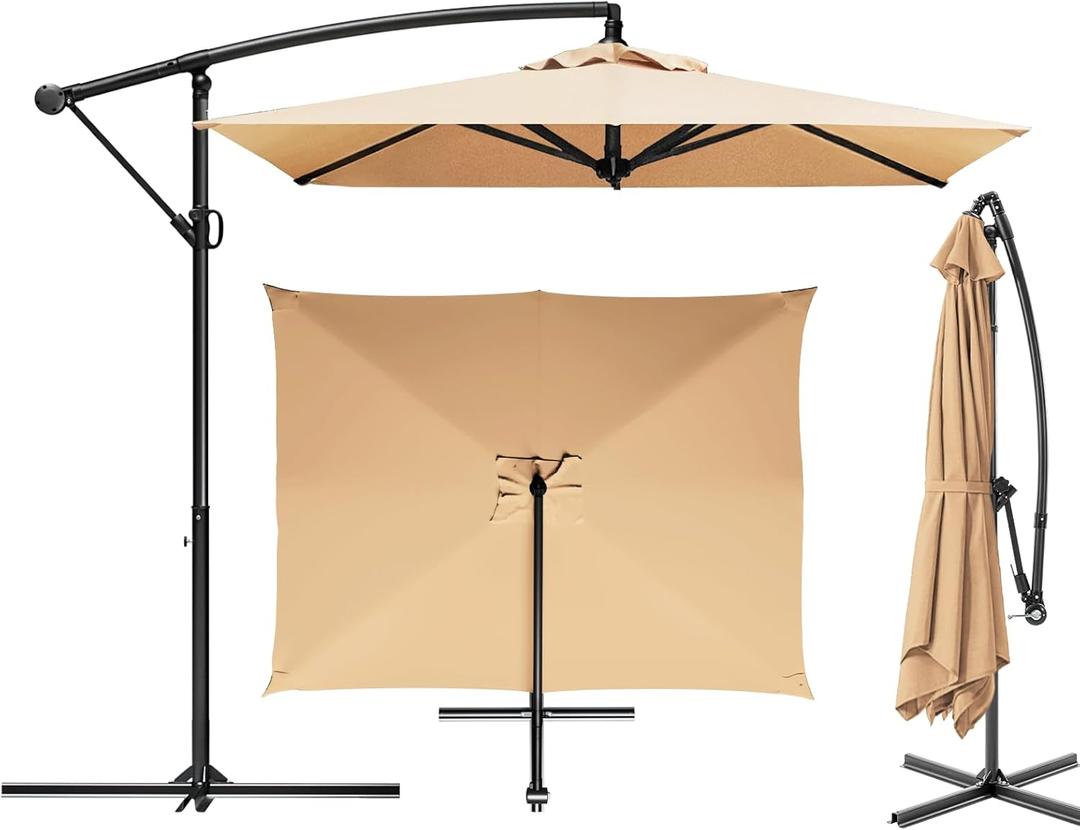 COSIEST 9 x 11.5FT Offset Patio Umbrella, Cantilever Hanging Outdoor Umbrella w/360-degree Rotation, Handy Crank, UV & Waterproof Canopy, 6 Ribs for Market, Backyard, Poolside, Garden