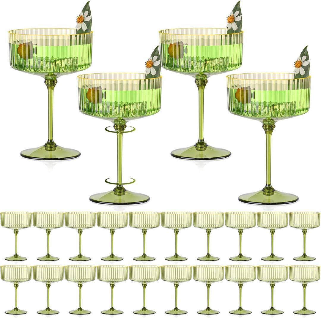 24 PCS Gold Rim Plastic Champagne Coupe Cup Sage Green Ribbed Coupe Glasses 10oz Detachable Espresso Martini Glass Vintage Margarita Glassware Cocktail Glass Set for Baby Shower Christmas Wedding