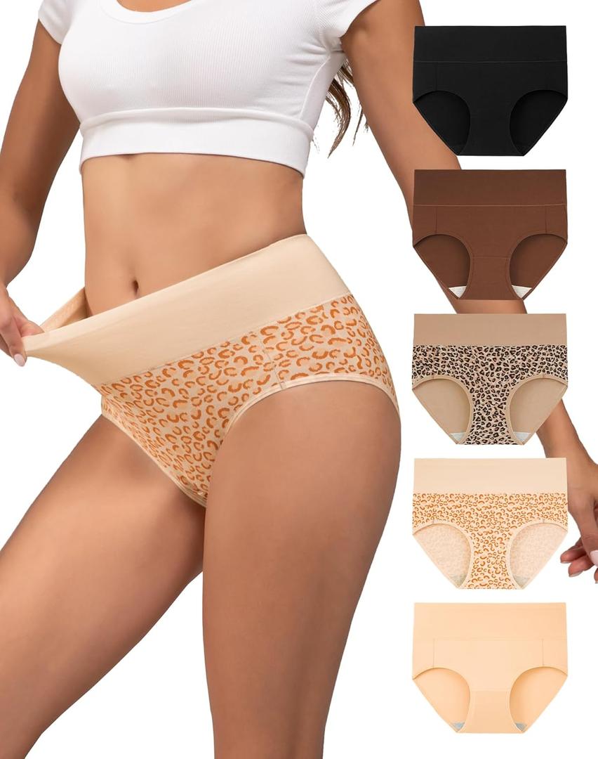 INNERSY Women's Underwear Cotton Soft Underwear High Waisted Breathable Briefs 5 Pack(Small, Leopard Charm)