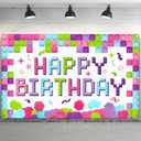 Newwiee 6 x 3.6 ft Building Blocks Birthday Backdrop Banner Birthday Fabric Photography Backdrop Party Decorations for Girls and Boys Birthday Party Supplies
