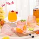 Suclain 50 Pcs Plastic Wine Glasses Pink Ribbed Stemless Wine 14oz Vertical Design Unbreakable Cups for Outdoor Indoor Vintage Elegant Champagne Whiskey Glasses for Christmas Party Wedding