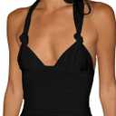 Milumia Women's Twist Knot Tie Backless Halter Top Y2k Ruched V Neck Sleeveless Tops (Medium, Black)