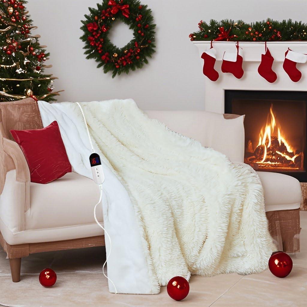Heated Blanket with 10 Hours Auto-Off 6 Heat Level, Cozy Shaggy Faux Rabbit Fur Electric Blanket with Overheating Protection (White, 84"X90")