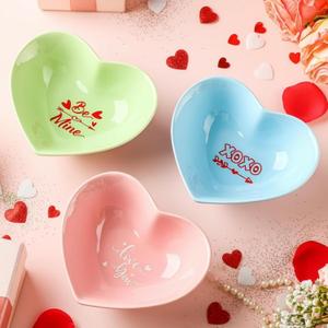 Tanlade 3 Pcs Valentine's Day Candy Bowls Mini Ceramic Serving Bowl for Tiered Tray Candy Dishes Valentine's Day Party Supplies for Treat Snack Fruit Candies Couple Sweet Talk Gift (Cute) (Pink, Blue, Green)