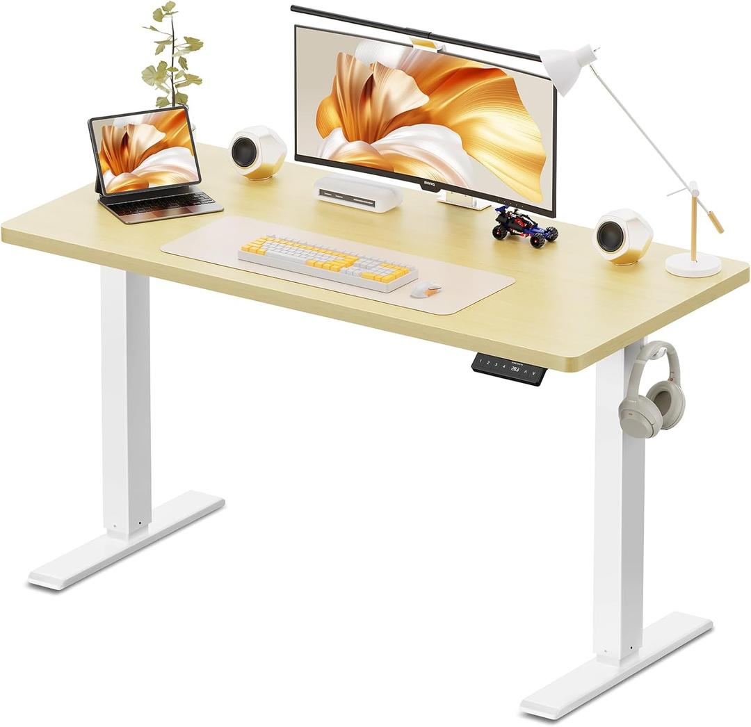 48x24 Inches Height Adjustable Electric Standing Desk with 2 Hooks for Home Office, Ergonomic Sit Stand up Desk with Splice Board, Oak