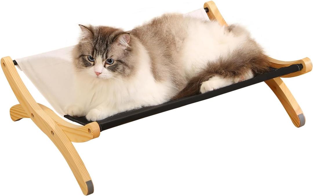 JAWNLITY Large Cat Bed for Indoor Cats, Solid Wood Raised Pet Hammock Bed with Washable Canvas Cover, Sturdy Cat Sleeping Perch Holding 40 lb