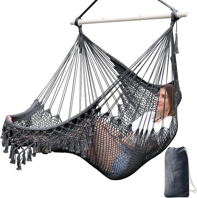 Chihee Hammock chair super large hanging chair soft spun cotton rope weave chair, collapsible strong metal spreader bar wide seat side stretch swing chair indoor outdoor garden garden theme