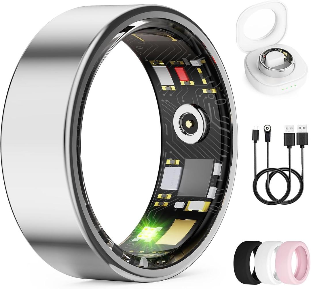 Smart Ring for Women & Men, Health Tracker Ring with Heart Rate, Blood Oxygen,Blood Pressure, IP68 Waterproof Fitness Ring, Sleep Tracker for iPhone and Android, No APP Fee (Silver, 10#)