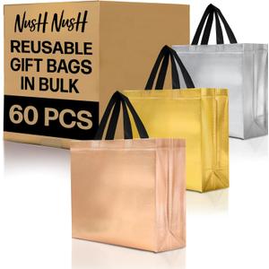 Nush Nush Set of 60 Mix Color Gift Bags In Bulk - 20 Rose Gold, 20 Silver, 20 Gold gift bags With Handles - For Small Business As Goodie Bags, Birthday Gift Bags Large Size, Party Favor Bags - 13X5X11