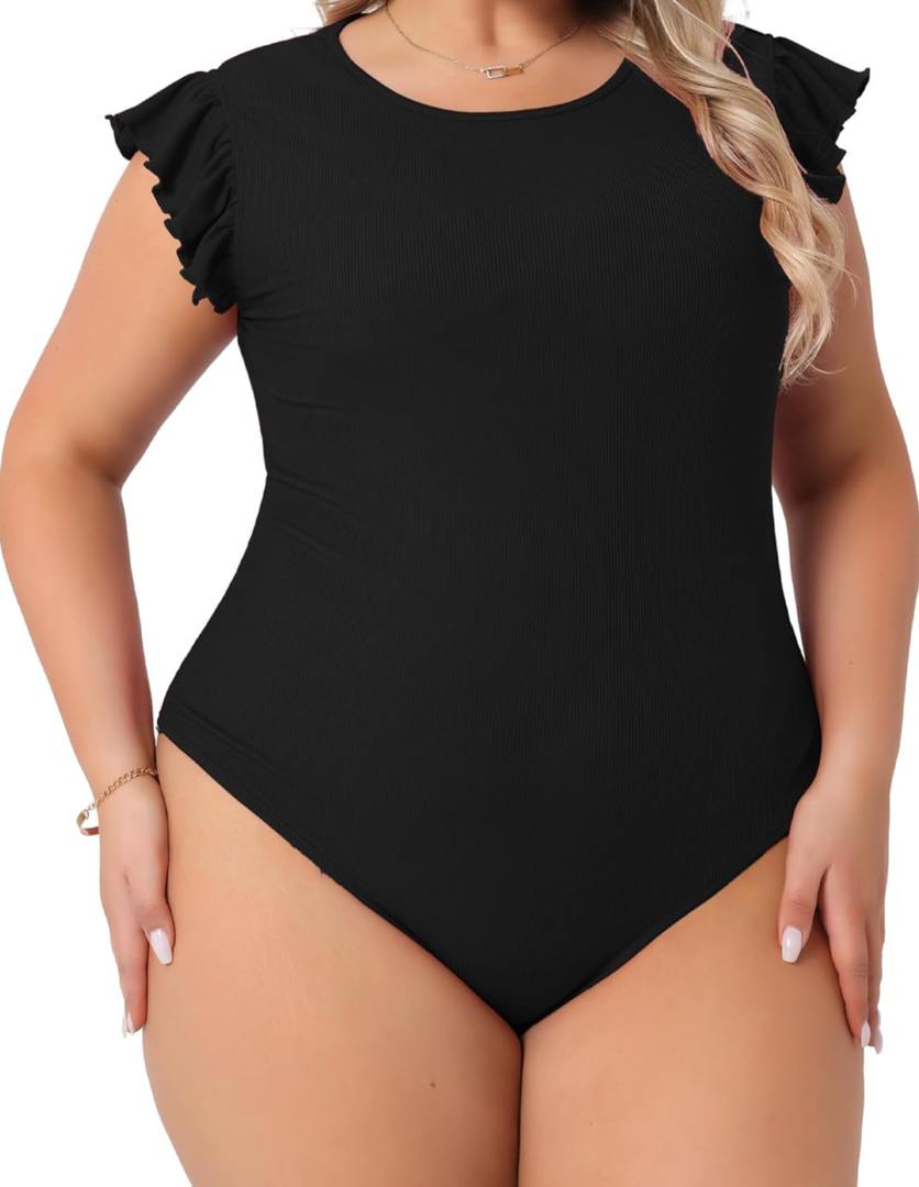 Bodysuits for Women Crew Neck Ruffle Sleeveless Tank Slim Fit Casual Basic Stretchy Body Suit Tops Large
