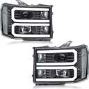 LED DRL Headlights for 2007-2013 GMC Sierra 1500 2500HD 3500HD No Classic Front Lights 2PC Replacements Front Left Right Side Headlamp Black Housing Clear Reflector 07-14