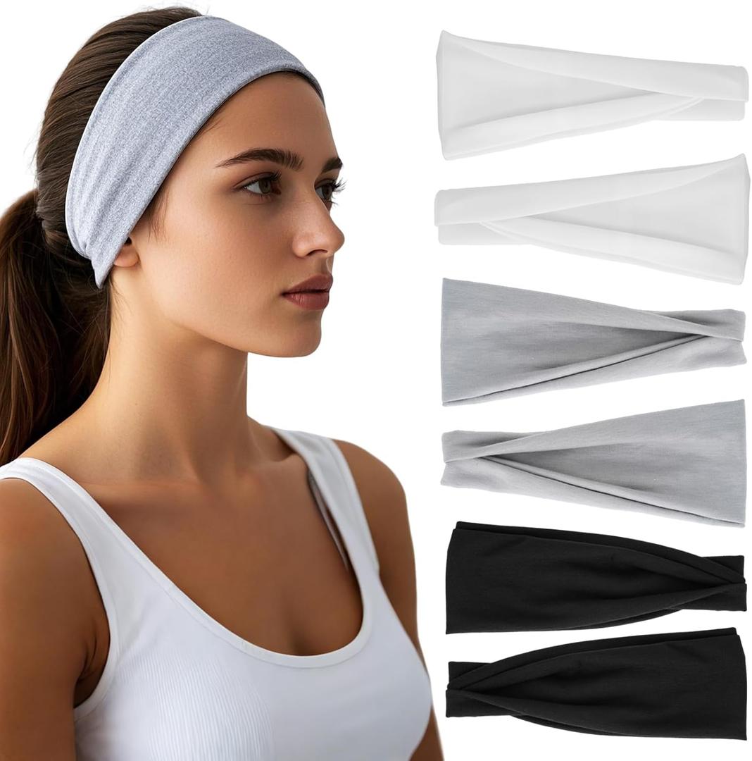 Headbands for Women - 6 Pack Wide Elastic Hair Bands | Stretchy Sweatbands Hair Bands | Soft Sports Thin Head Bands | Non-Slip Accessories Bands for Fashion, Washing Face, Workouts, Yoga, Daily Use (Two Black/White/Gray)
