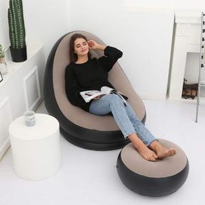 Inflatable Lounge Chair for Adults, Folding Portable Lazy Sofa with Foot Stool Lazy Flocking Recliner Chair Air Couch Sofa for Indoor Outdoor Travel CampingNo Pump