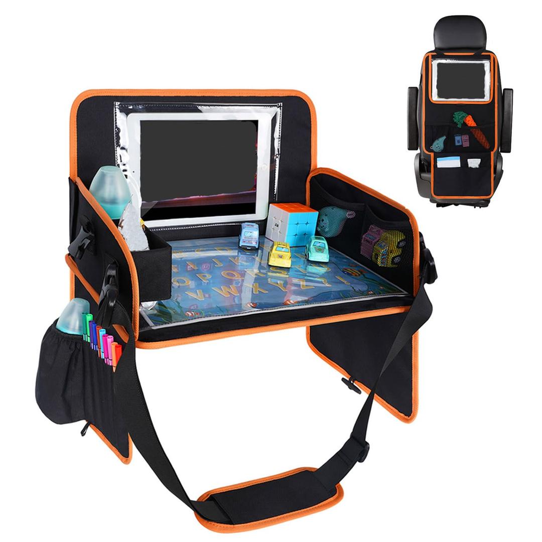 Kids Travel Tray, Car Seat Organizer Toddler with Dry Erase Board Car Lap Desk Table with iPad Holder, Storage Pocket, Kids Active Eating Tray for Road Trip, Airplane, Stroller, Black