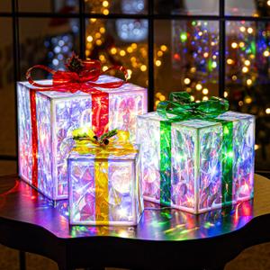 Set of 3 Christmas Lighted Gift Boxes,8 Light Modes Light Up Present Boxes Christmas Decorations for Indoor Outdoor Porch Yard Tree holiday decorColor Changing, Translucent