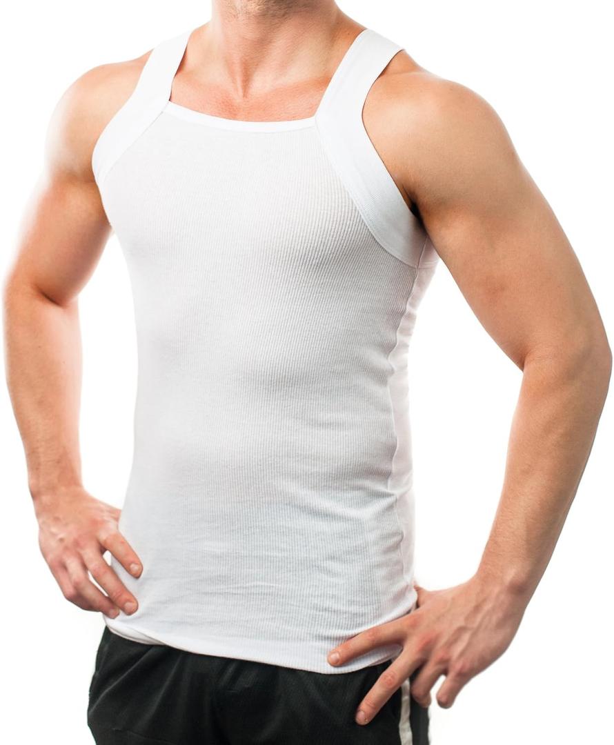 Different Touch Men Cotton Tank Top Square Cut Muscle Rib A-Shirt (White, XL)