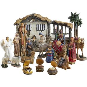 Three Kings Gifts Nativity Set for Christmas Indoor 23 Piece 5 Inch Figures with Lighted Stable, Palm Tree and Chests of Gold, Frankincense and Myrrh