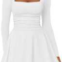 Kaximil Women's Square Neck Ruffle Hem Mini Dress Ruched Waist Long Sleeve Corset Short Party Dresses, Large