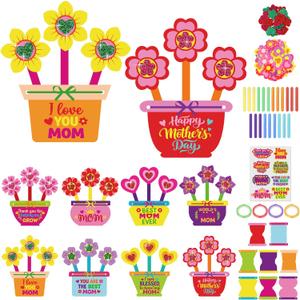 Frienda 48 Set Mother's Day Crafts Kit for Kids Happy Mother's Day Flower Pot Mom Make Your Own Flowers Pot Craft DIY Floral Paper for Classroom Activities Mothers Gifts Spring Party Favors